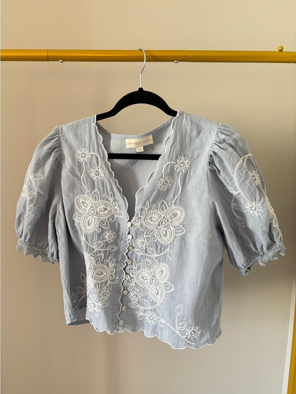 Jennifer and Grace Embroidered Puff Sleeve Blouse - Light Blue